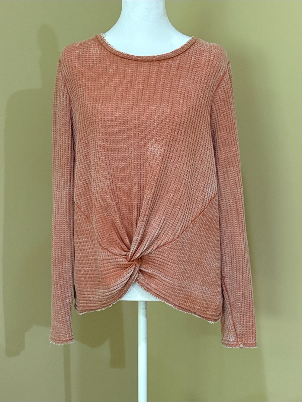 Waffle Knit Twist-Front Long Sleeve Top rust - Peach